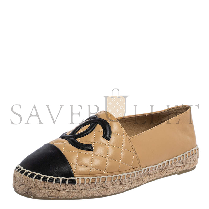 Ch*el beige black leather espadrille flats g29762